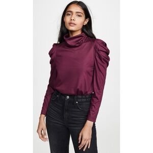Enza Costa Small Long Sleeve Turtleneck Burgundy Puff Shoulder Ruched Fall Basic